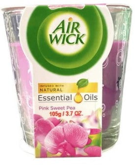 Air Wick Candle Pink Sweet Pea 105g with delicate floral fragrance in a decorative glass container