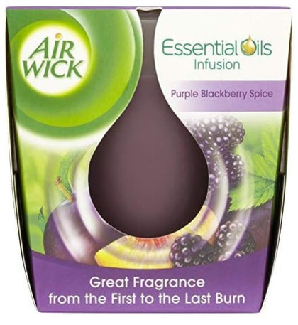 Air Wick Candle Purple Blackberry Spice 105g with fruity and warm spicy fragrance in a decorative glass container.