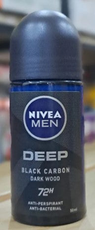 Nivea Men Roll-On Deep Black Charcoal Dark Wood, 50ml deodorant with charcoal protection and masculine Dark Wood scent.