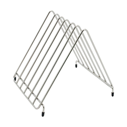 chrome-plated 6-slot cutting board rack for safe storage and air drying, rust-resistant, space-saving, ideal for commercial kitchens; case pack 12, qty break 6.