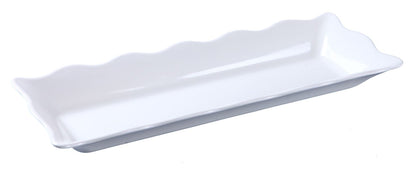 Yanco Scallop Edged Display Tray DC-6117W 6/Pcs Ideal for serving hot or cold appetizers, slices of bread, desserts, and other food for the entire table. Made from melamine material, it is popular for being reliable and having an unbreakable structure. The stylish Deli collection has a distinctive appearance featuring dinnerware With a glossy finish. 