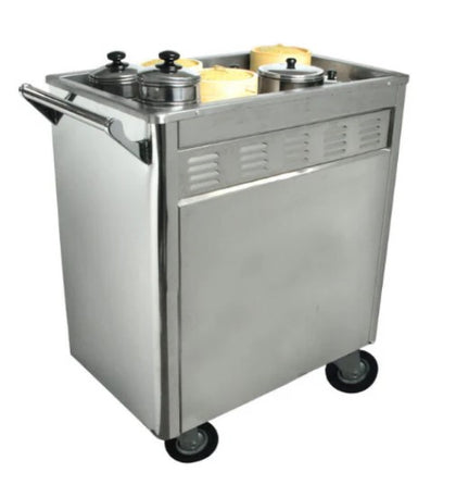 Durable commercial dim sum cart designed for efficient transport and display of dim sum in high-volume food settings.


