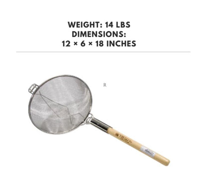 Stainless steel fine mesh skimmer with a bamboo handle, 12 inches, ideal for straining and lifting food with precision.

