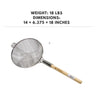 Stainless steel fine mesh skimmer with a bamboo handle, 14 inches, designed for efficient straining and lifting of food.



