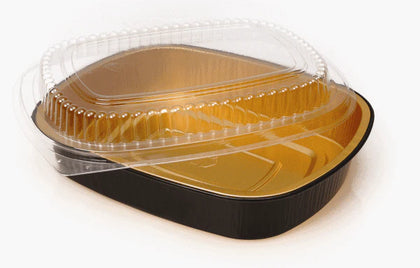 black and gold 22oz container with lid elegant design generous capacity secure lid prevents spills durable material hot and cold foods versatile use restaurants catering take-out food storage stylish presentation