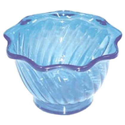 EcoQuality Dessert Dish DS-005B is a stylish and practical choice for serving sweet treats in any setting. Made from durable plastic, this 6 oz dish is lightweight yet sturdy, making it perfect for both personal and commercial use. Its unique round, flower-shaped design adds an elegant touch to dessert presentations, while the vibrant blue color enhances table settings. 