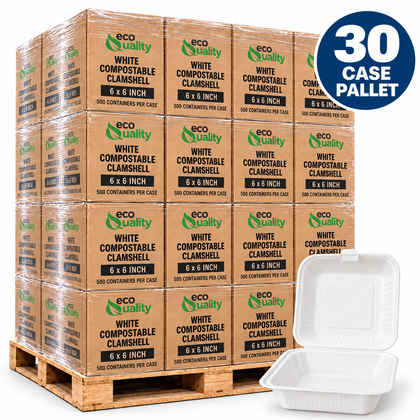 Illustrative EcoQuality 30 case pallet of white compostable clamshell takeout containers, 6 x 6 inch, one compartment, 500 containers per case