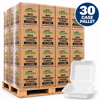 Illustrative EcoQuality 30 case pallet of white compostable clamshell takeout containers, 6 x 6 inch, one compartment, 500 containers per case