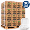 Illustrative EcoQuality 30 case pallet of white compostable clamshell takeout containers, 8 x 8 inch, three compartments, 200 containers per case