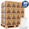 Illustrative EcoQuality 30 case pallet of white compostable clamshell takeout containers, 8 x 8 inch, one compartment, 200 containers per case