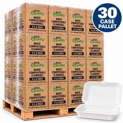 Illustrative EcoQuality 30 case pallet of white compostable clamshell takeout containers, 9 x 6 inch, one compartment, 250 containers per case