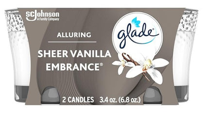 Glade Candle Sheer Vanilla Embrace, 3.4 oz scented candle in glass jar with warm vanilla fragrance for a cozy and inviting ambiance.