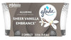 Glade Candle Sheer Vanilla Embrace, 3.4 oz scented candle in glass jar with warm vanilla fragrance for a cozy and inviting ambiance.