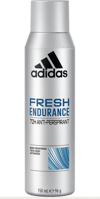 Adidas Deo Body Spray Fresh Endurance 150ML can with a bold, sporty design in blue and silver, offering 72-hour freshness and odor protection for men.
