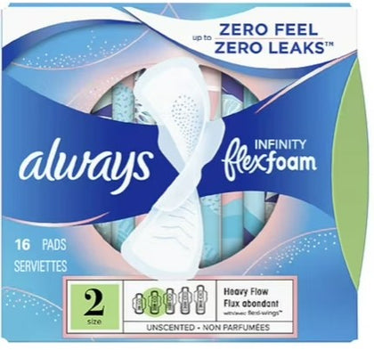 Always Infinity Pads, Size 2, 16 Count with FlexFoam for leak protection and comfort