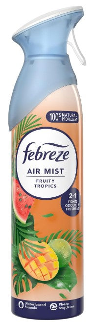Febreze Fruity Tropics air freshener, 185ml spray, eliminates odors and fills rooms and fabrics with a vibrant tropical fruit scent.