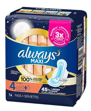 Always Maxi Overnight Pads with Wings, Size 4, Unscented, 16 Count pack.