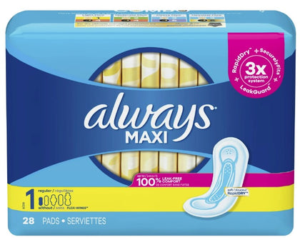 Always Maxi Daytime Pads with Wings, Size 1 Regular, 28 Count pack for reliable daytime period protection and comfort.