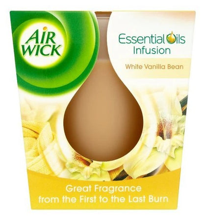 Air Wick Candle White Vanilla Bean 105g with warm, sweet vanilla fragrance in a decorative glass container
