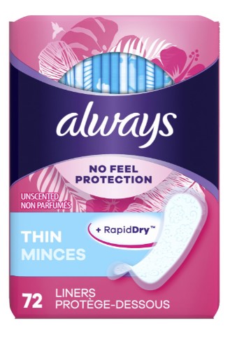 Always Thin Daily Liners, Regular Absorbency, Unscented, 72 Count – thin, breathable pantyliners for daily comfort and light protection.