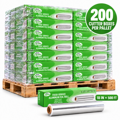 Illustrative EcoQuality 18 inch by 500 foot aluminum foil rolls, 200 cutter boxes per pallet