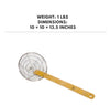 Galvanized coarse mesh skimmer with a bamboo handle, 10 inches, designed for straining and lifting larger food items with ease.



