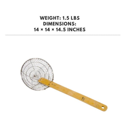 Galvanized coarse mesh skimmer with a bamboo handle, 14 inches, ideal for straining and lifting large food items with ease.



