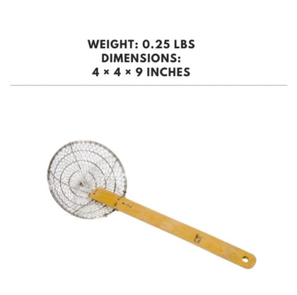 Galvanized coarse mesh skimmer with a bamboo handle, 4 inches, perfect for straining and lifting small food items.



