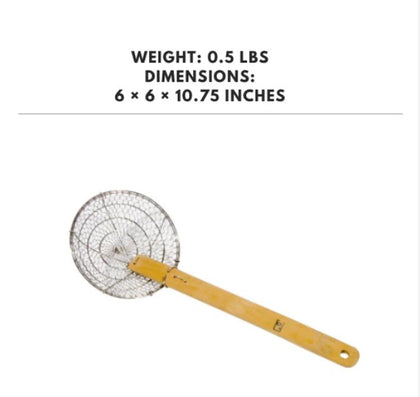 Galvanized coarse mesh skimmer with a bamboo handle, 6 inches, designed for straining and lifting small food items with ease.

