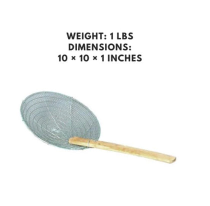 Galvanized fine mesh skimmer with a bamboo handle, 10 inches, perfect for straining and lifting food in the kitchen.



