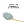 Galvanized fine mesh skimmer with a bamboo handle, 10 inches, perfect for straining and lifting food in the kitchen.



