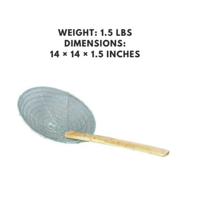 Galvanized fine mesh skimmer with a bamboo handle, 14 inches, perfect for efficient straining and lifting food in the kitchen.



