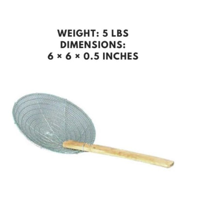 Galvanized fine mesh skimmer with a bamboo handle, 6 inches, perfect for straining and lifting food.



