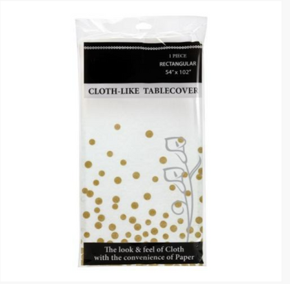 Confetti Tablecover 54x102 in White, Gold, and Rose Gold, ideal for weddings, parties, and events. Elegant design with a confetti pattern that adds charm and style to your table settings.