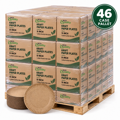 Illustrative EcoQuality kraft brown 9 inch paper plates, 46 case pallet