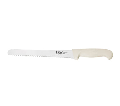 Klinge 10-inch stamped bread knife with serrated edge, ergonomic handle, long lightweight blade, ideal for slicing breads and pastries, packed 36 per case for bakeries and commercial kitchens