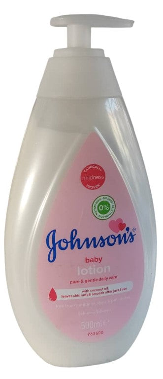 Johnson’s Baby Soap & Lotion 500ml in pump bottle, gentle formula for daily cleansing and moisturizing delicate baby skin.