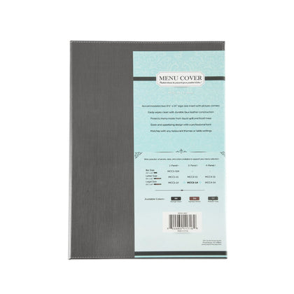 Gray faux leather 2-panel menu cover fits two 8.5 x 14 inch sheets with stitched seams, clear inserts, and reinforced edges; ideal for restaurants; packed by 30 each per case for bulk use.