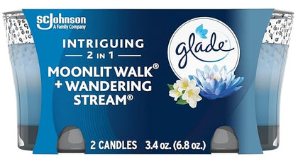 Glade Candle Moonlit Walk & Winding Stream, 3.4 oz scented candle in glass jar with calming, soft fragrance for a relaxing home ambiance.