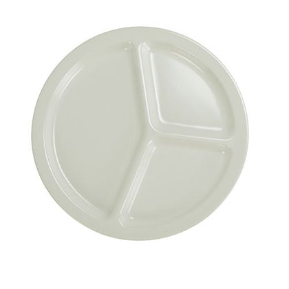 Yanco Three-Compartment Plate MS-710IV It is made from durable and reliable melamine material, which makes the plate look like ceramics. Melamine tableware is a perfect solution for those who choose a reliable, durable, high-quality and affordable dinnerware for their food-serving establishment. These round 3-compartment plates are easy to clean, NSF listed and BPA safe.