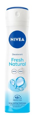 Nivea Fresh Natural Deodorant Spray, 150ml can, provides 48-hour odor protection with a light, refreshing natural scent.