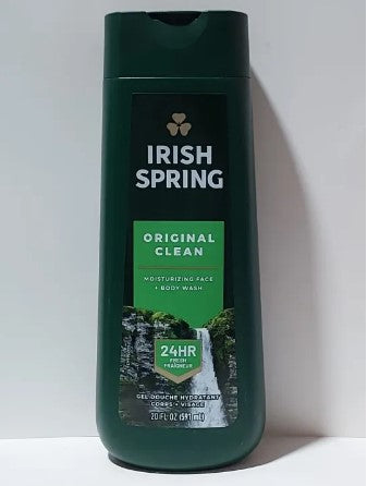 Irish Spring Original Body Wash for Men, 20 fl oz bottle with classic green packaging, offering long-lasting freshness and a crisp clean scent.