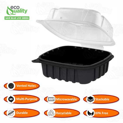 EcoQuality white foam clamshell take out boxes open and stacked