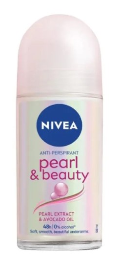 Nivea Roll-On Pearl & Beauty 50ml deodorant with long-lasting sweat protection, gentle on skin, and enriched with pearl extract for soft underarms.