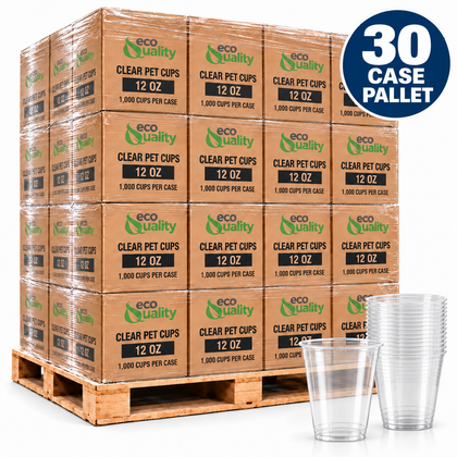 Illustrative 30 case pallet of EcoQuality clear PET 12 oz cups, 1000 cups per case