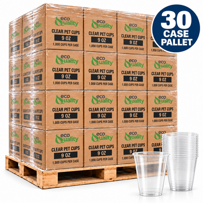 Illustrative 30 case pallet of EcoQuality clear PET 9 oz cups, 1000 cups per case