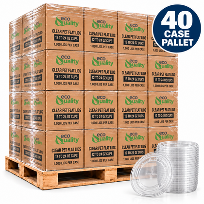 Illustrative 40 case pallet of clear PET flat straw slot lids for 12 to 24 oz cups, 1000 lids per case