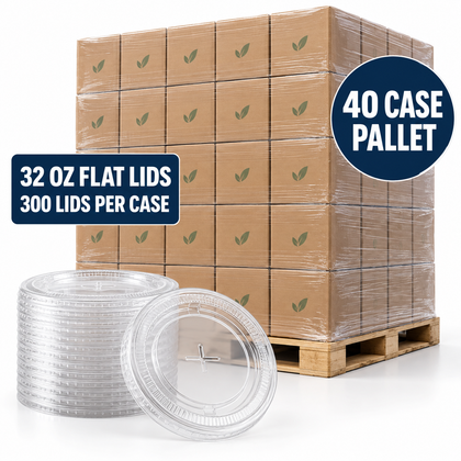 Illustrative 40 case pallet of clear PET flat straw slot lids for 32 oz cups, 300 lids per case