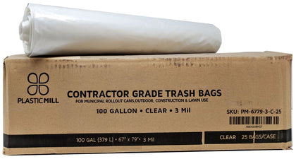 PlasticMill clear contractor trash bags, 100 gallon, 25 count