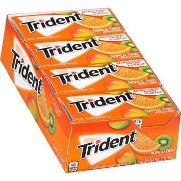 Trident Tropical Twist Sugar Free Gum offers a refreshing burst of minty flavor while helping to clean and protect your teeth. Made with xylitol, this gum not only freshens breath but also supports oral health by reducing plaque and neutralizing acids after meals. Each pack is conveniently sized for on-the-go freshness.